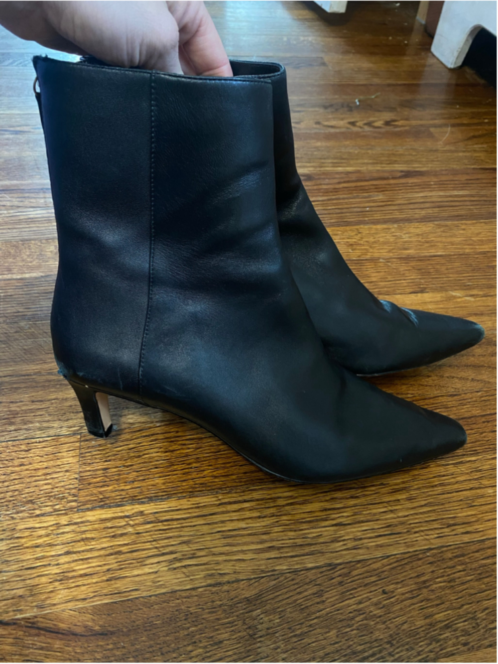 J Crew Stevie Jet Black Leather Pointed Toe Kitten Heel Ankle Boots Quiet Luxury